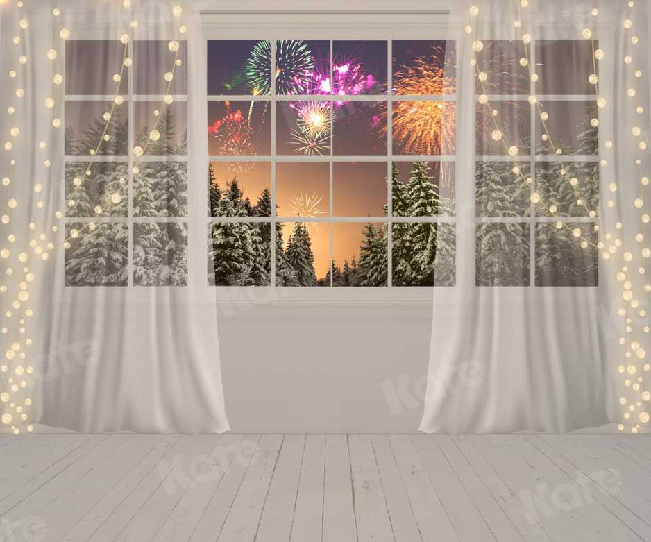 Kate New Year Fireworks Window Snowy Forest Curtain Backdrop