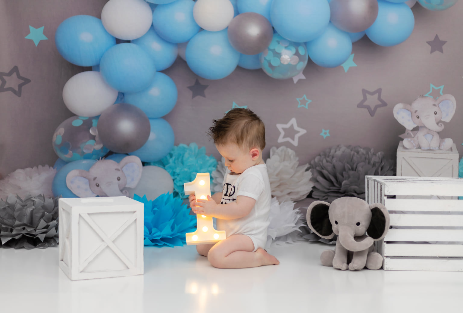 Kate Gray Wall Elephant Backdrop Cake Smash Blue Balloon for Photography Designed by Melissa King - Kate Backdrop