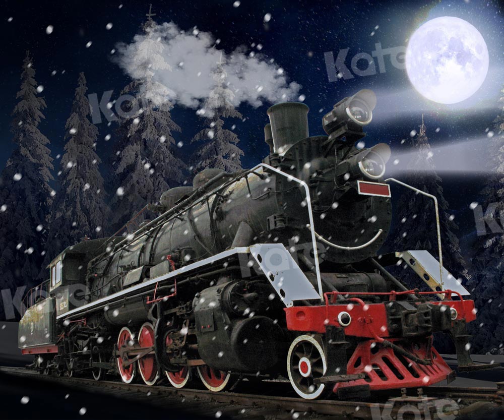 Maanlicht Sneeuwtrein Foto Achtergrond Ontworpen door Chain Photography