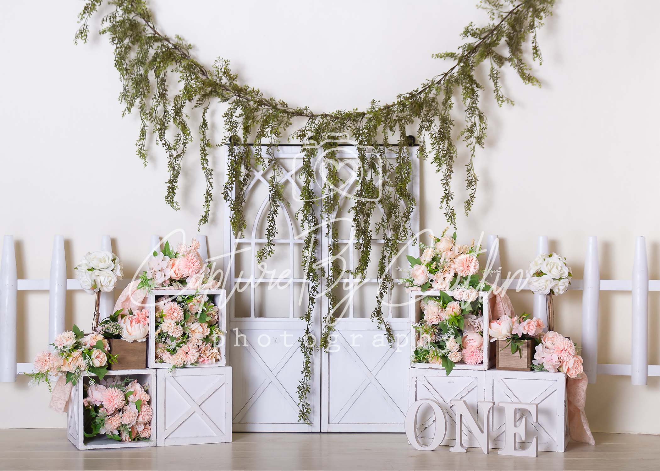 Kate 1 Birthday Peach Floral Garland Backdrop Designed by Caitlin Lynch