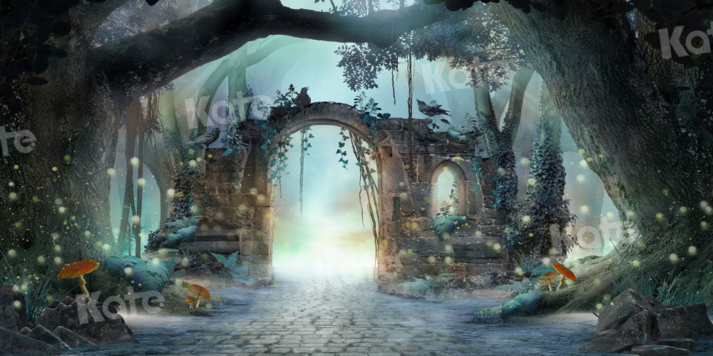 Psychedelisch bosstenen achtergrond met paddenstoelen ontworpen door Chain Photography