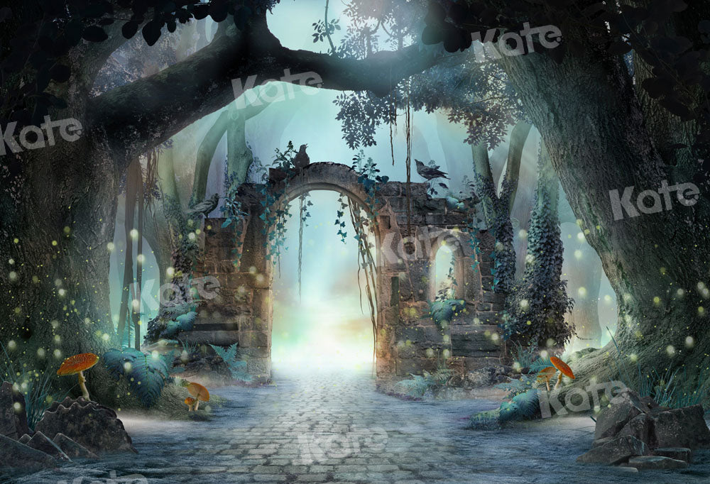 Psychedelisch bosstenen achtergrond met paddenstoelen ontworpen door Chain Photography