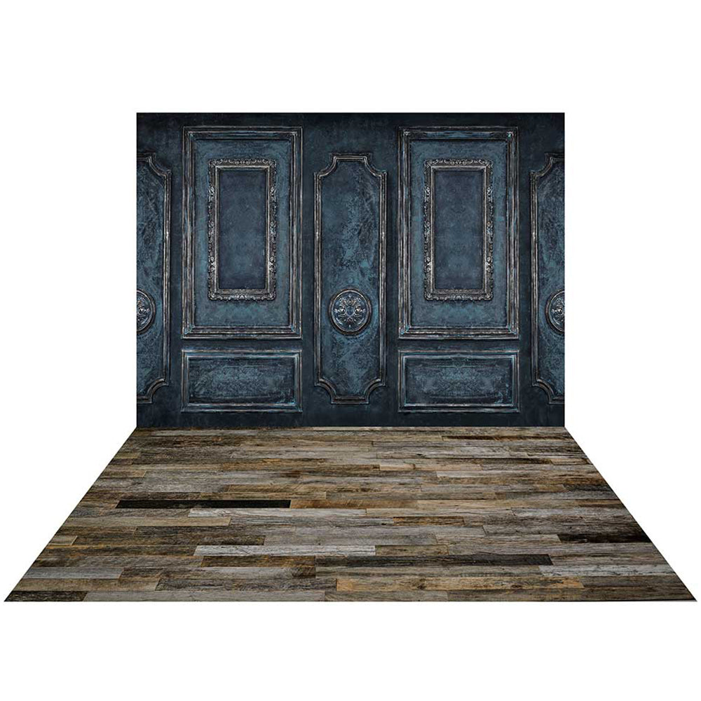 Kate Retro Deep Blue Wall Door Backdrop+Vintage Dark Wood Rubber Floor Mat designed by Moements Photography