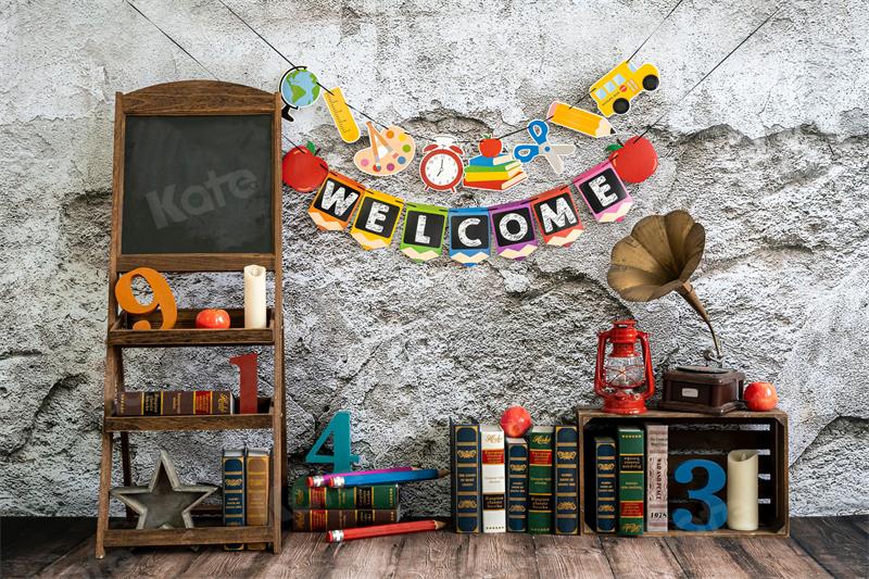 Kate Retro School Book Backdrop Cement Brick Wall for Photography