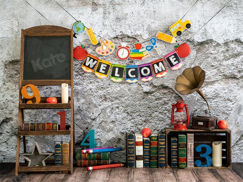 Kate Retro School Book Backdrop Cement Brick Wall for Photography