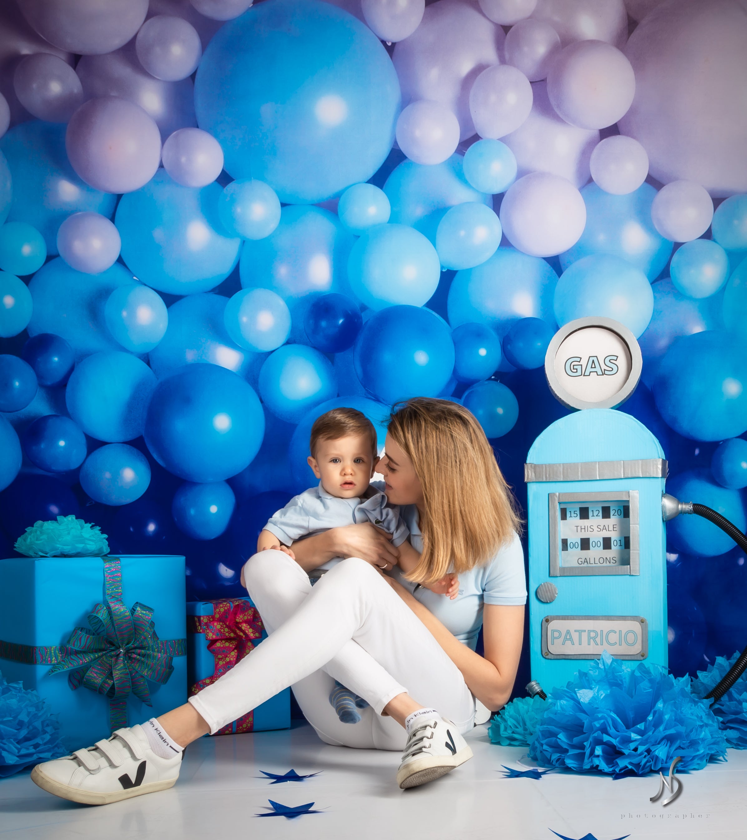 Kate Shades of Blue Balloon Wall Children Backdrop for Photography Designed by Mandy Ringe Photography - Kate Backdrop