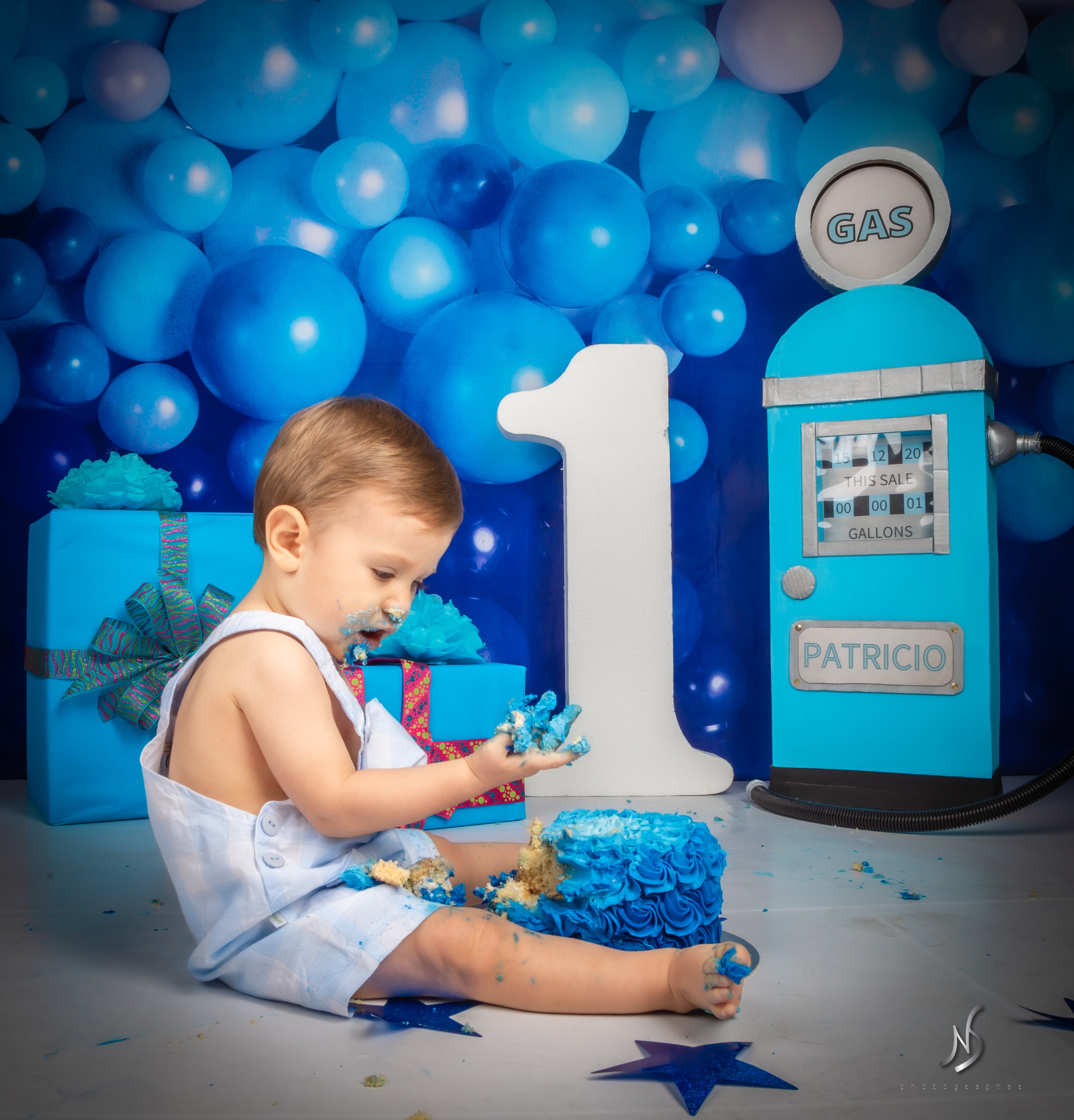 Kate Shades of Blue Balloon Wall Children Backdrop for Photography Designed by Mandy Ringe Photography - Kate Backdrop