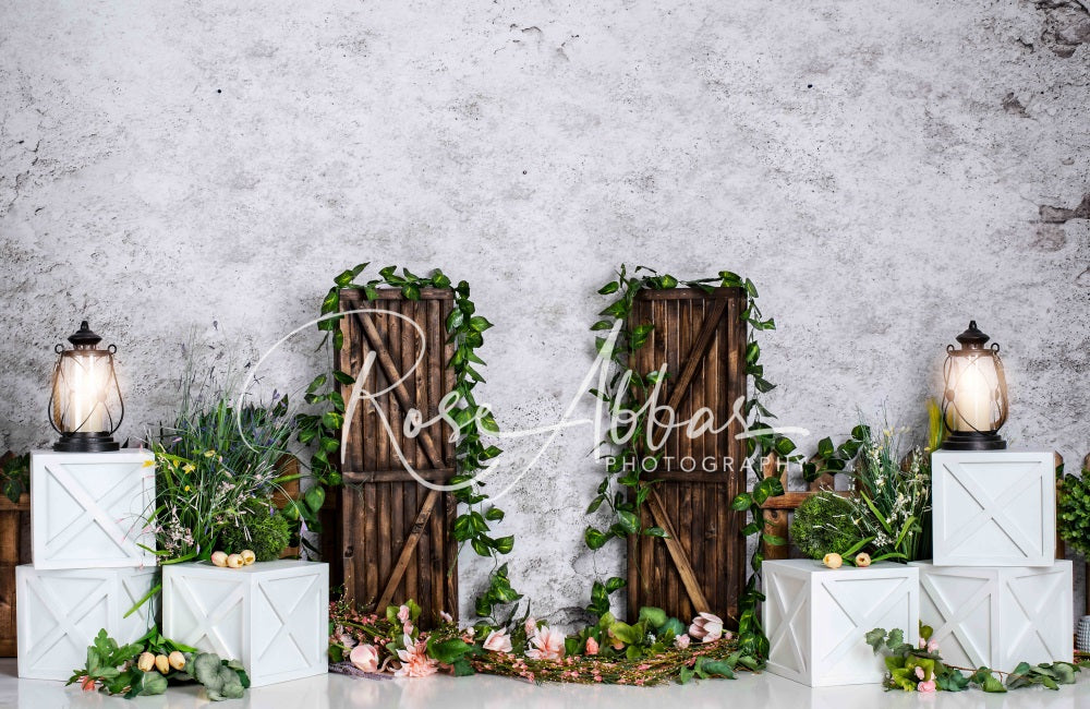Kate Spring Green Plants Printed Backdrop Wooden Door for Photography Designed By Rose Abbas