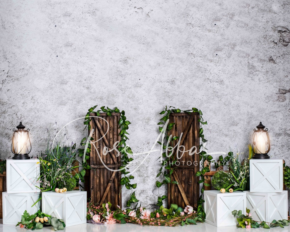 Kate Spring Green Plants Printed Backdrop Wooden Door for Photography Designed By Rose Abbas