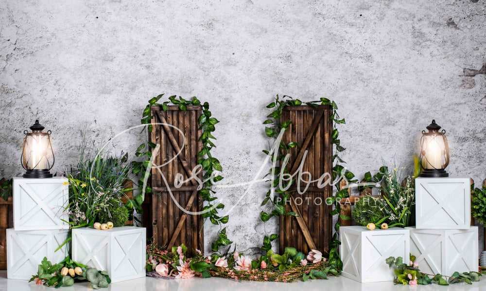Kate Spring Green Plants Printed Backdrop Wooden Door for Photography Designed By Rose Abbas