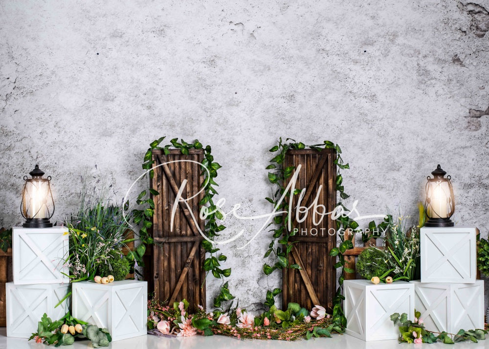 Kate Spring Green Plants Printed Backdrop Wooden Door for Photography Designed By Rose Abbas