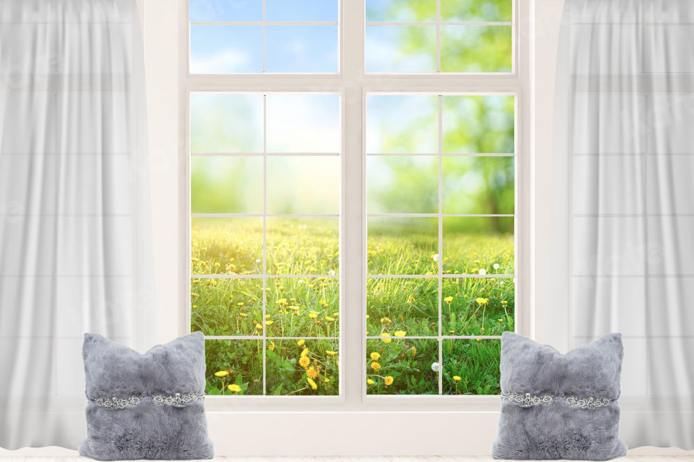 Kate Spring Scenery Backdrop Outside White Window Green Plants for Photography