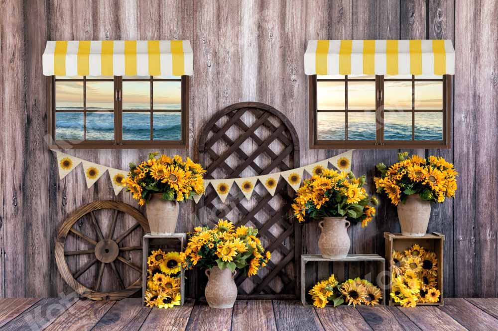 Kate Summer Seaside Sunflower Backdrop Wood Grain Seaside Designed by Emetselch