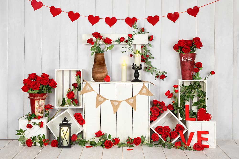 Kate Valentine's Day Roses Stand White Wood Wall Backdrop Designed by Emetselch - Kate Backdrop