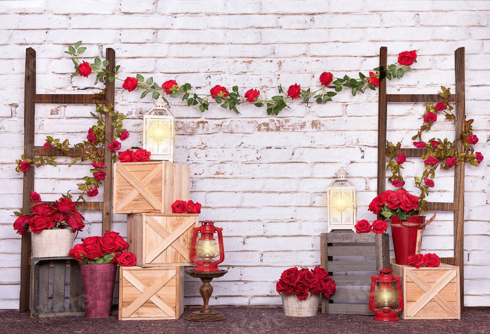 Kate Valentine's Day Roses White Brick Wall Backdrop Designed by Emetselch - Kate Backdrop
