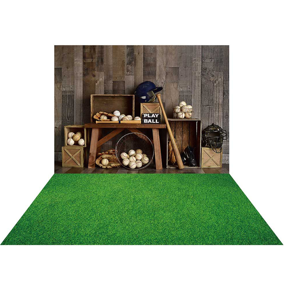 Kate Vintage Baseball Sports Backdrop + Green Grassland Rubber Floor Mat