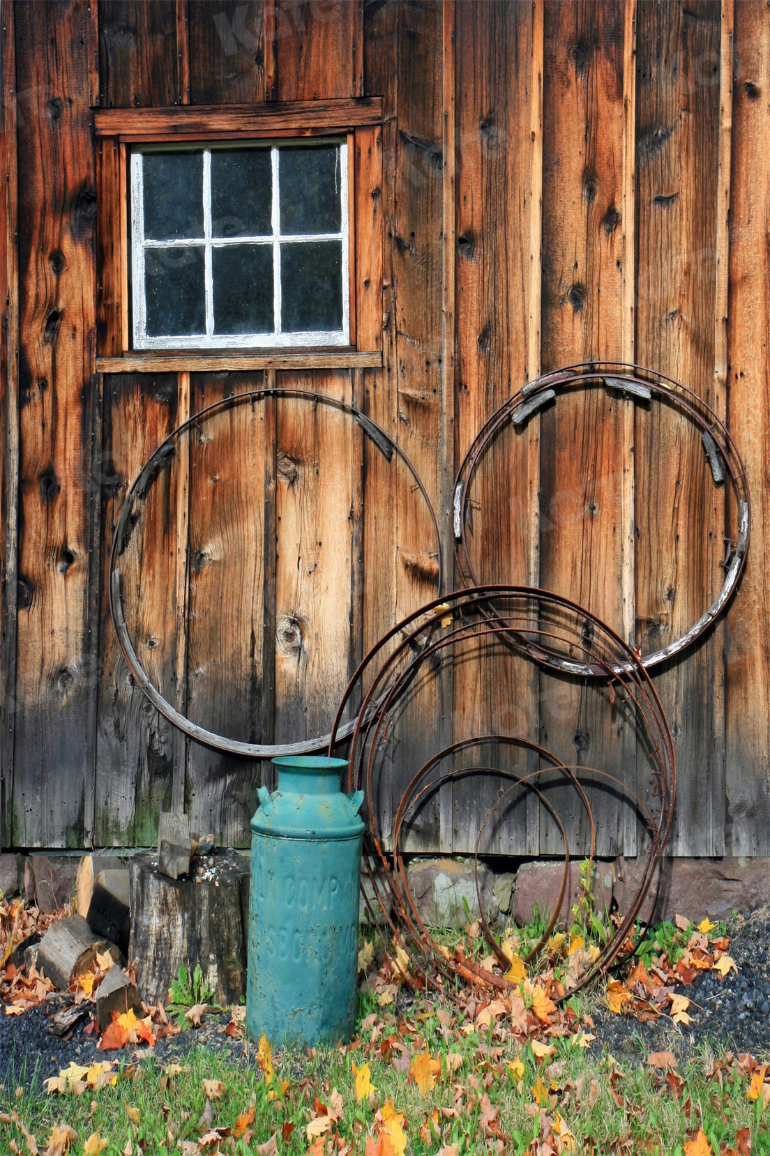 Kate Wood Wall White Windows Gas Bucket Retro Spring Backdrops - Katebackdrop