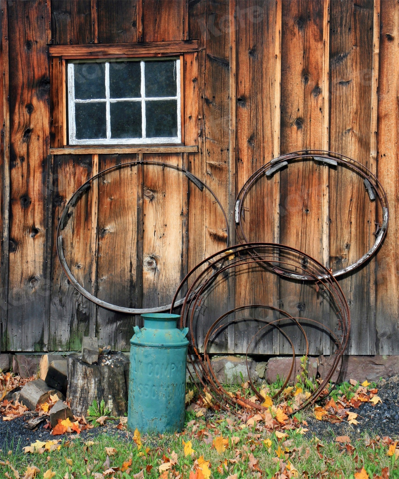 Kate Wood Wall White Windows Gas Bucket Retro Spring Backdrops - Katebackdrop