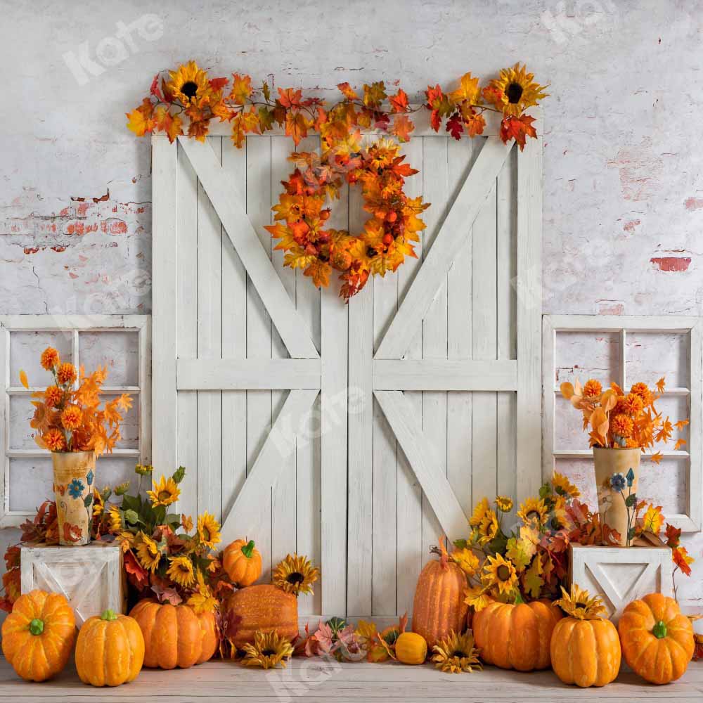 Kate Autumn Pumpkin Backdrop White Barn Door Fallen leaves Designed by Emetselch