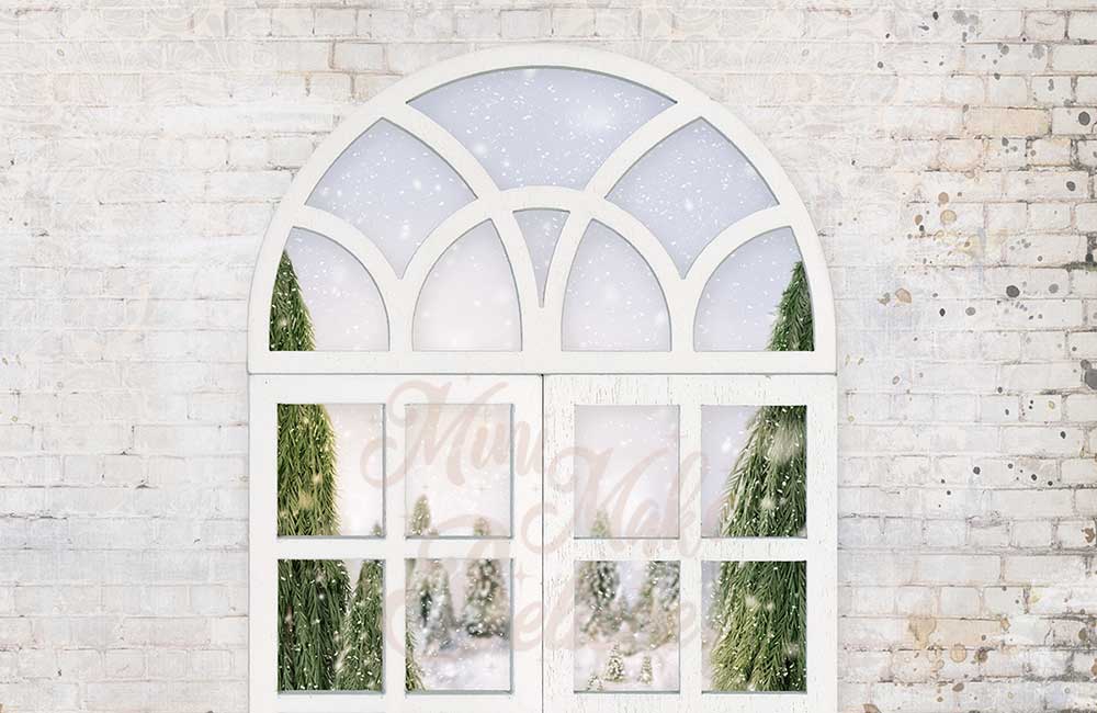 Kate Christmas Winter Window Backdrop Pine Trees Paint Splatter Walls Snowfall Designed by Mini MakeBelieve