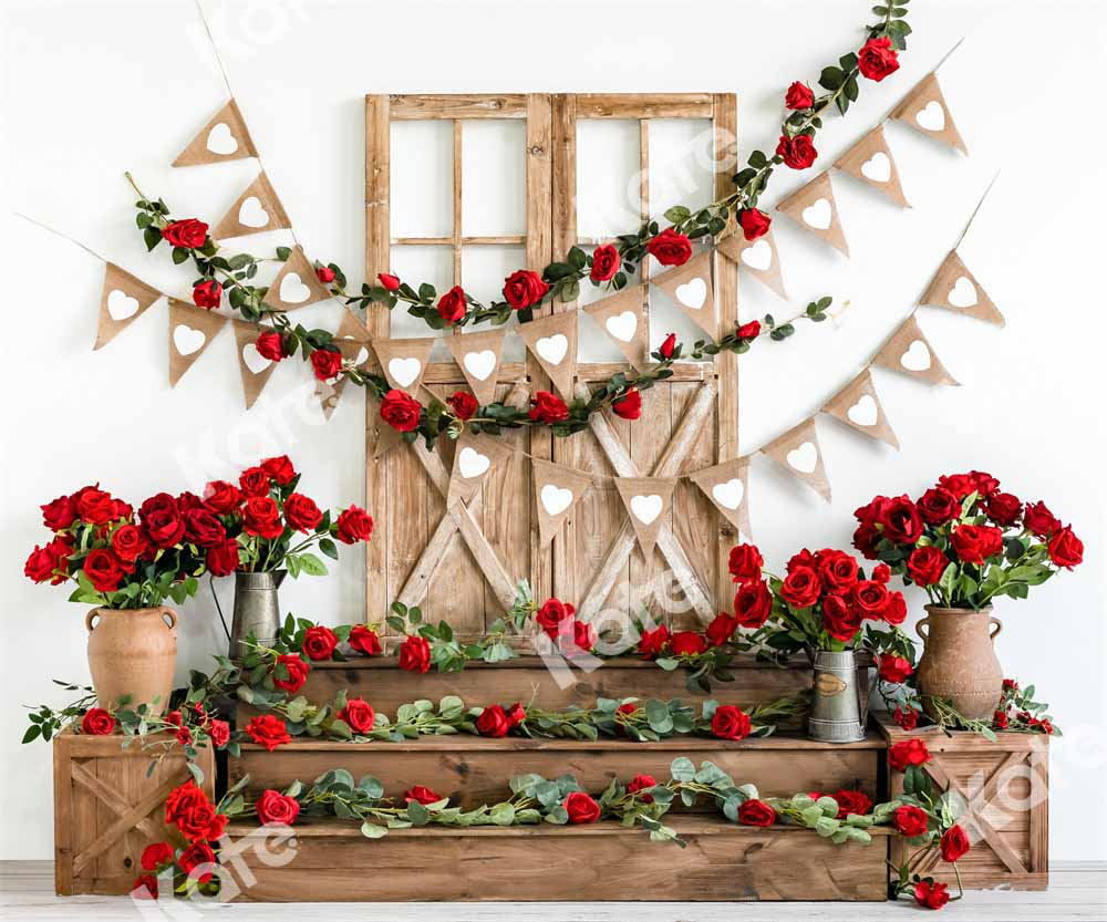 Kate Valentine's Day Backdrop Flowers Wooden Door Designed by Emetselch - Kate Backdrop