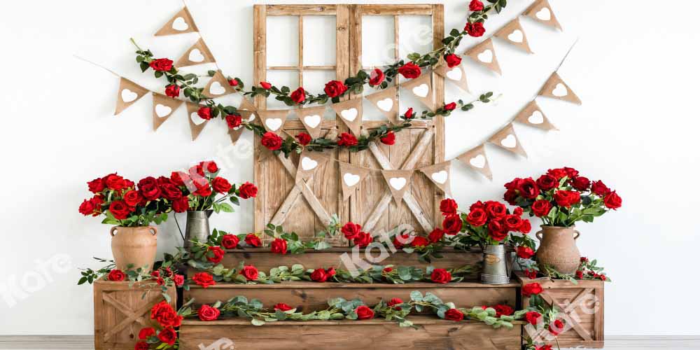 Kate Valentine's Day Backdrop Flowers Wooden Door Designed by Emetselch - Kate Backdrop
