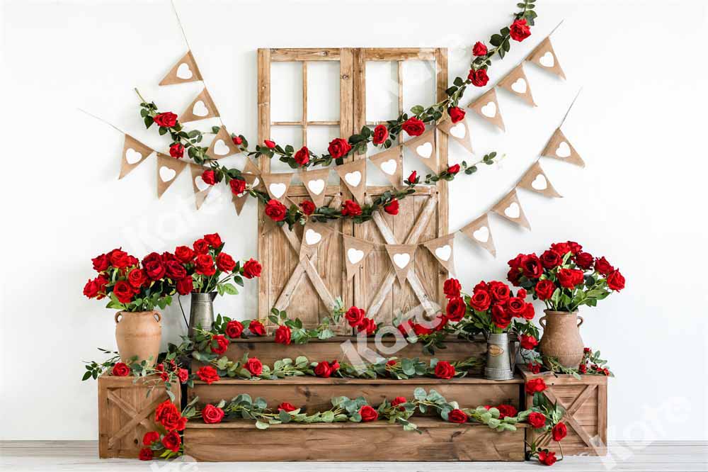 Kate Valentine's Day Backdrop Flowers Wooden Door Designed by Emetselch - Kate Backdrop