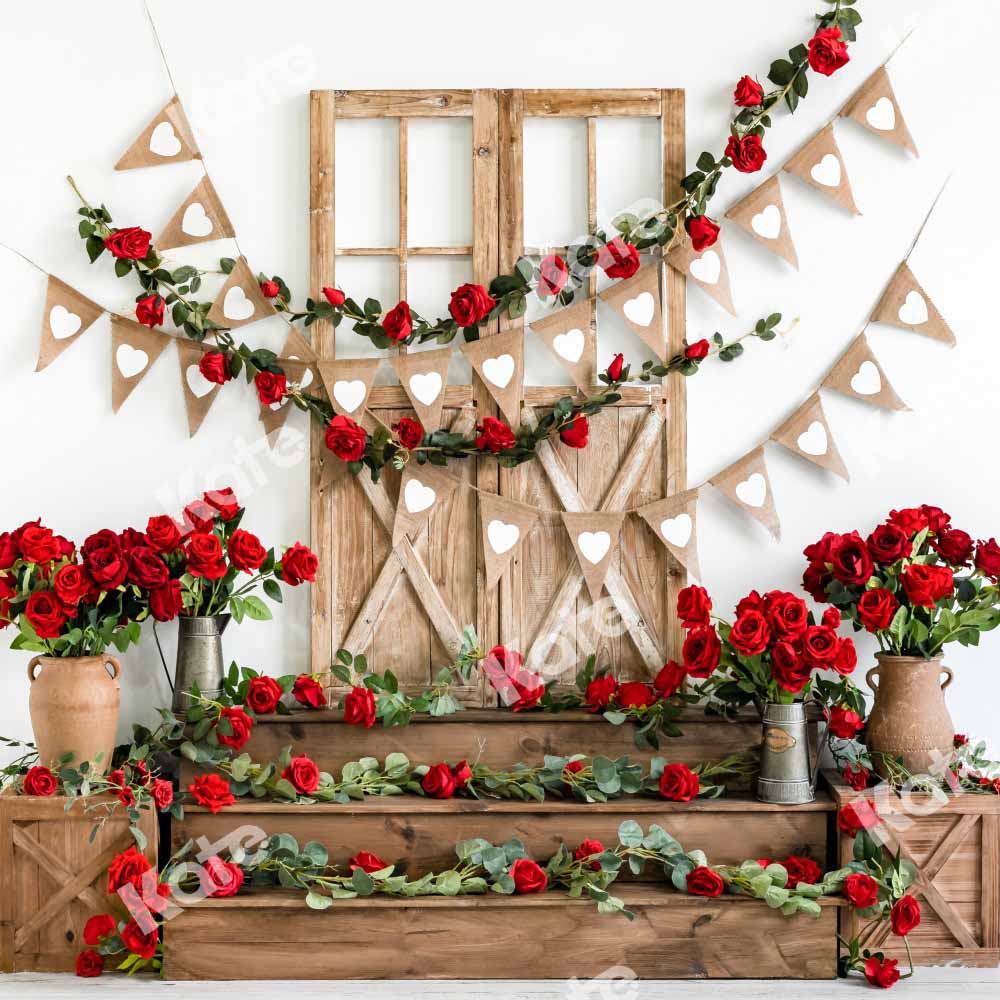 Kate Valentine's Day Backdrop Flowers Wooden Door Designed by Emetselch - Kate Backdrop