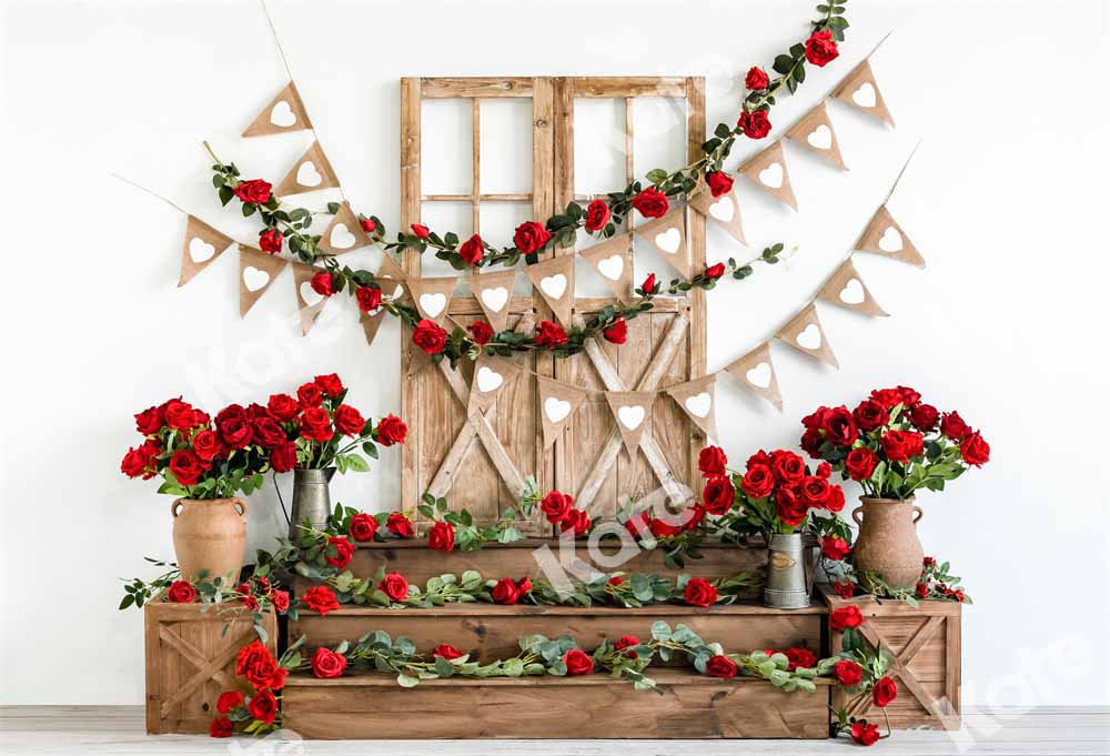 Kate Valentine's Day Backdrop Flowers Wooden Door Designed by Emetselch - Kate Backdrop