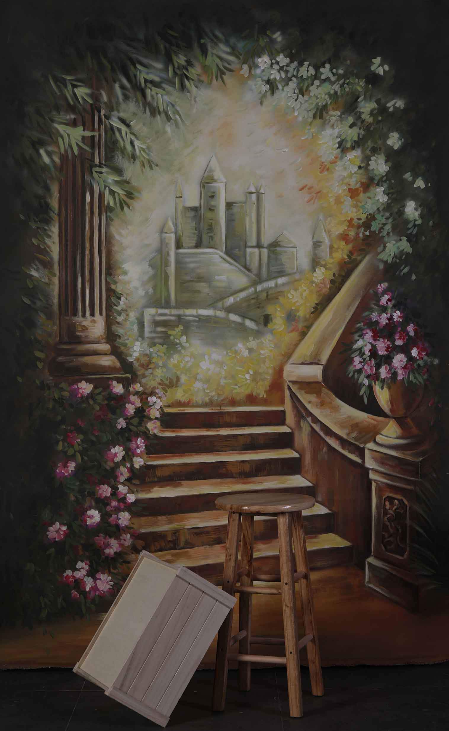 Katebackdrop£ºKate Castle Stairs Floral Spray Painted Backdrop