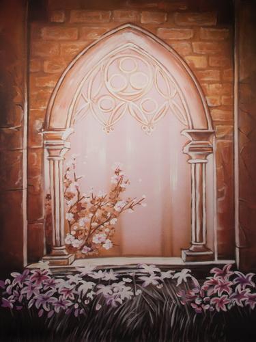 Katebackdrop£ºKate Arch Building Window Floral Hand Painted Canvas Backdrops