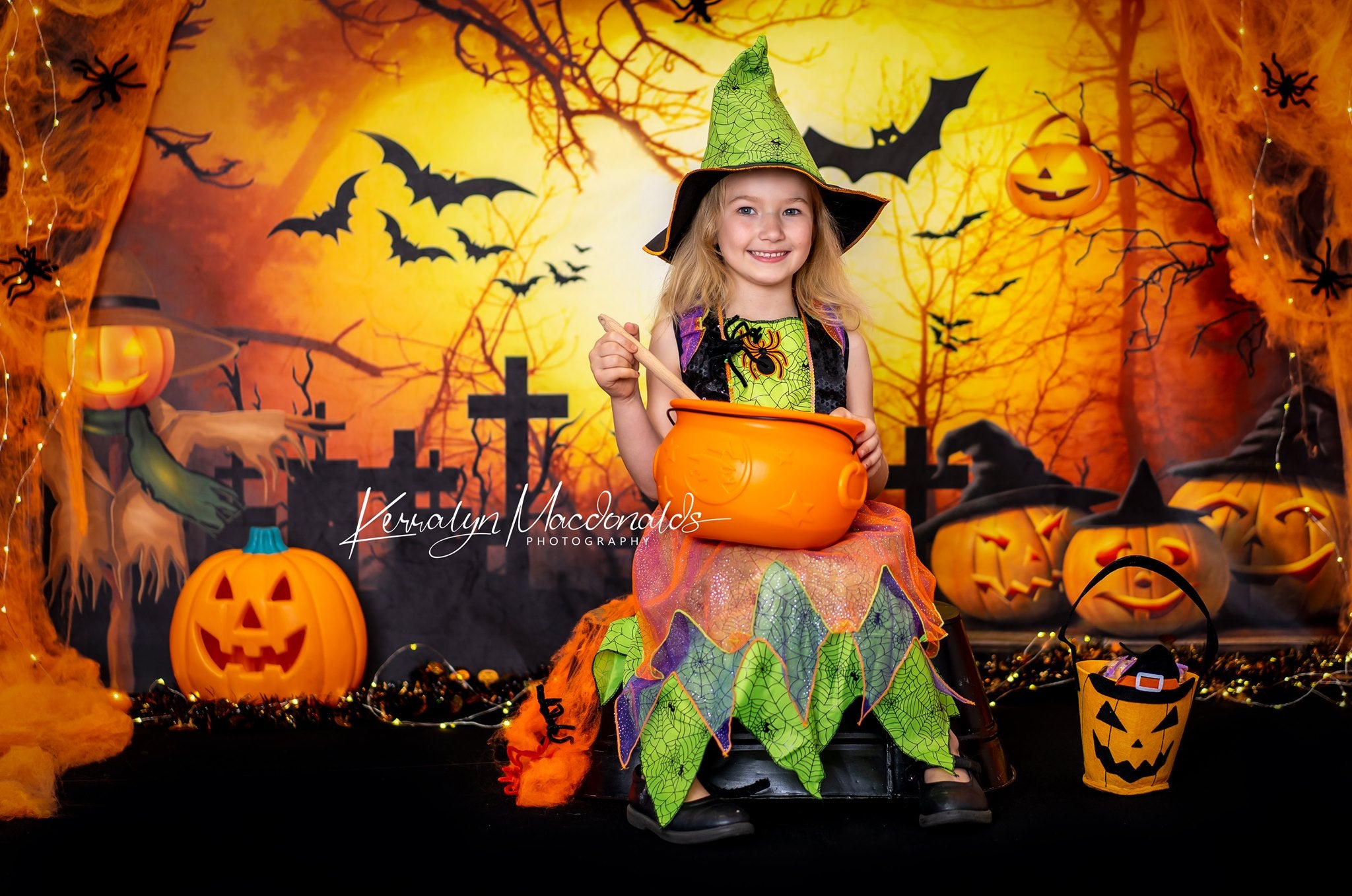 Kate Halloween Cemetery Bats Pumpkin Backdrop Designed by Chain Photography - Kate Backdrop
