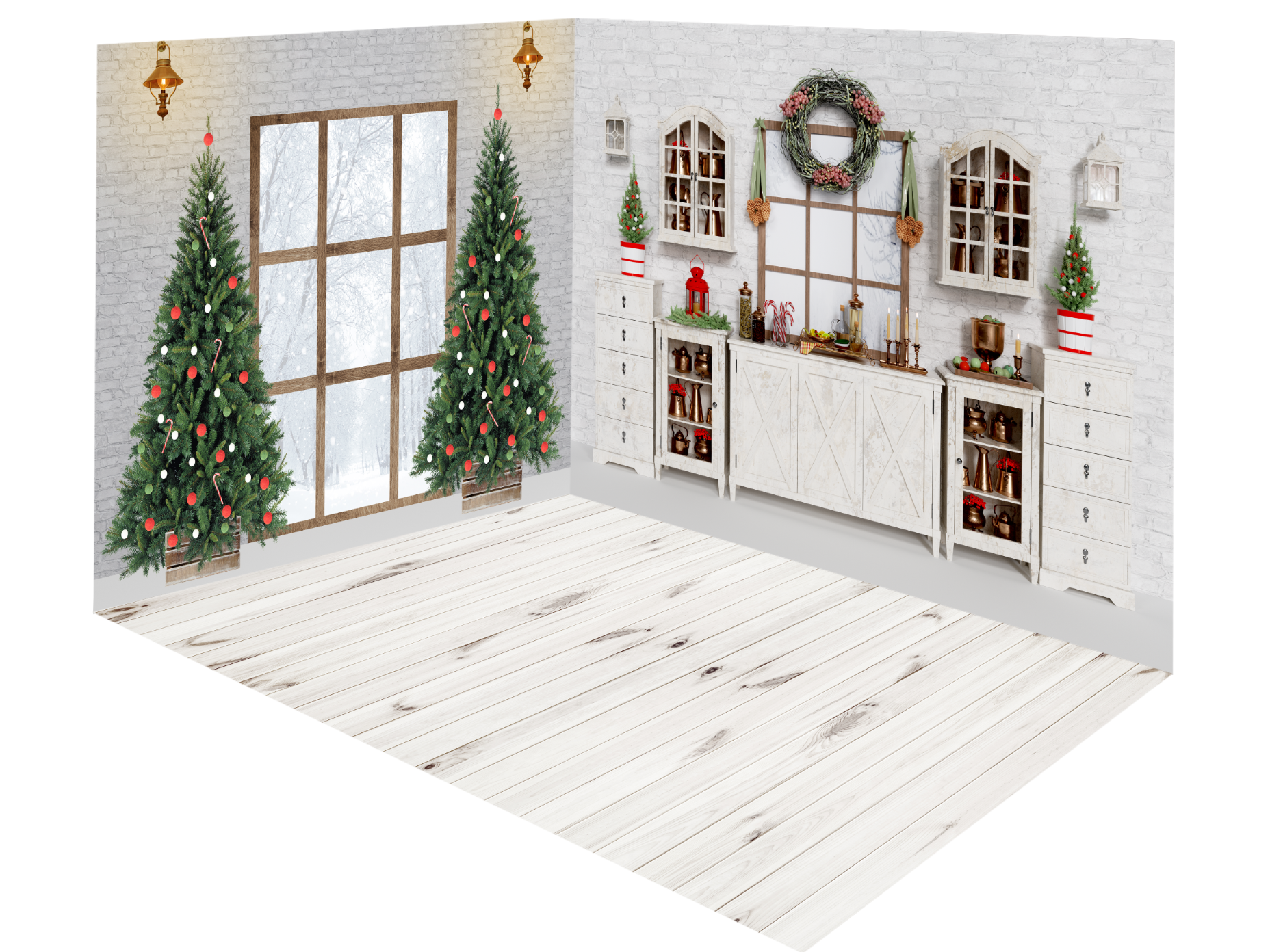 Armario Blanco de Navidad en el Interior con Árbol y Ventana en Habitación (8ftx8ft y 10ftx8ft y 8ftx10ft)