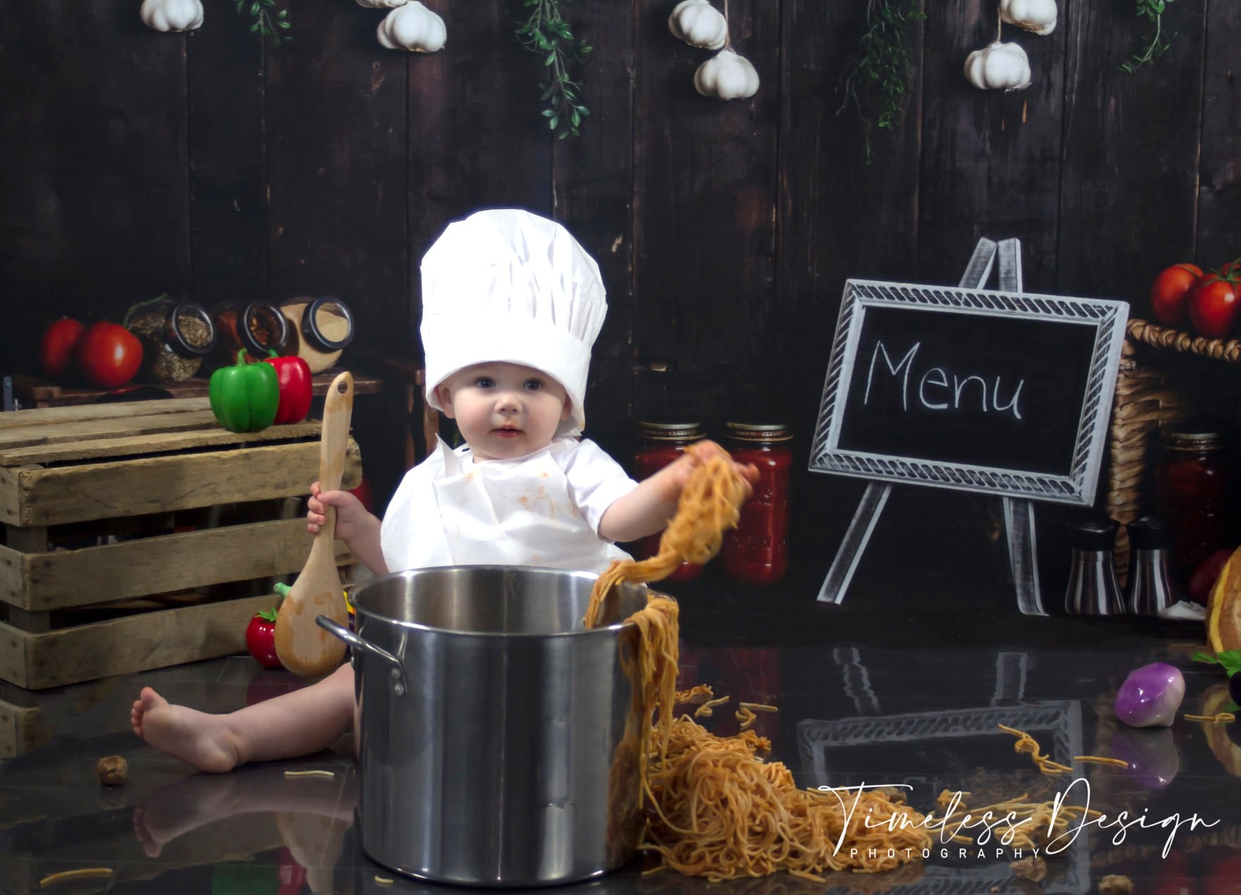 Kate Cake Smash Wood Kitchen Backdrop+Baby Outfit Chef Hat Apron - Kate Backdrop