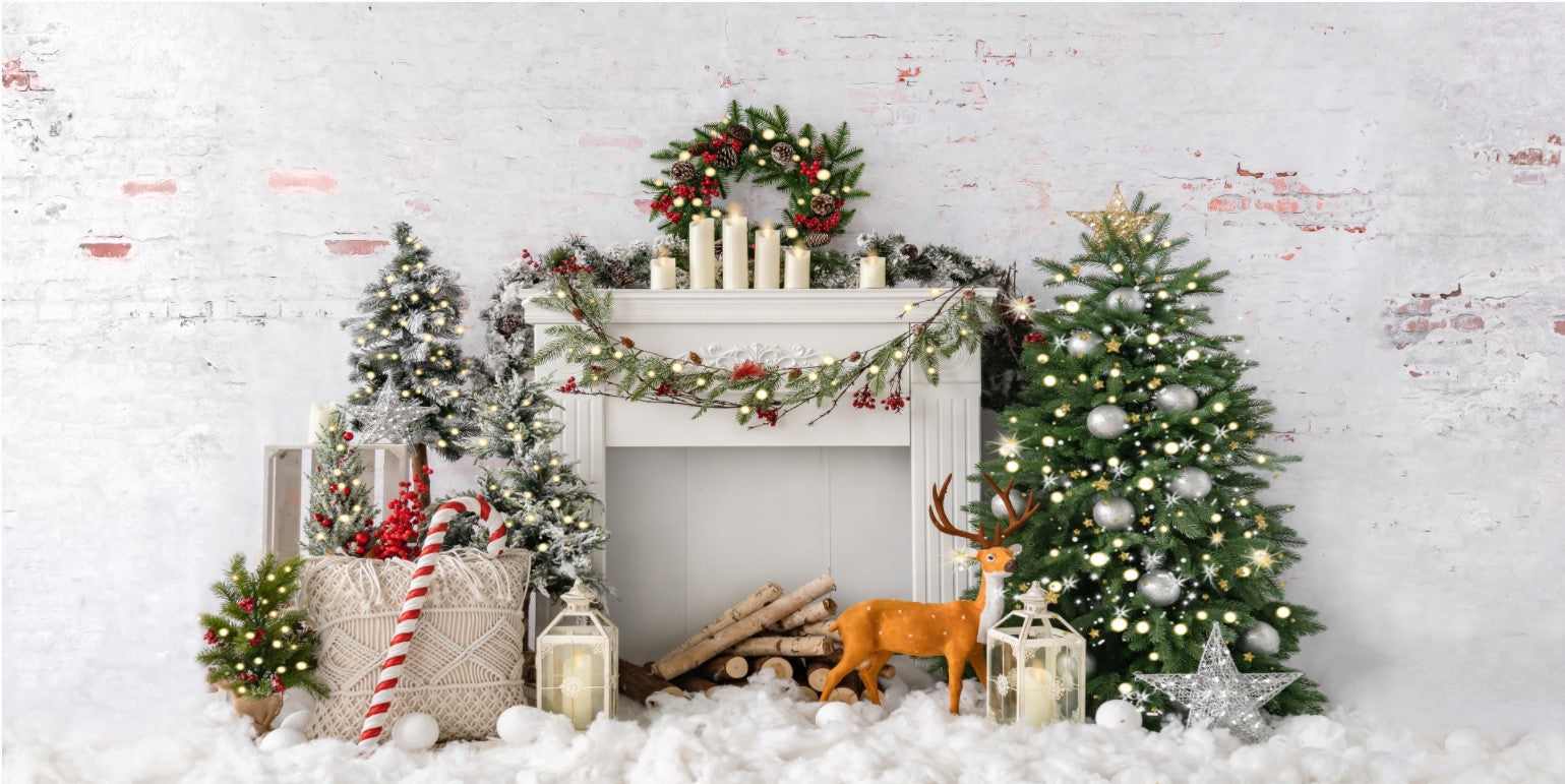 Kate Christmas Tree Elk Brick Fireplace Backdrop Designed by Emetselch - Kate Backdrop