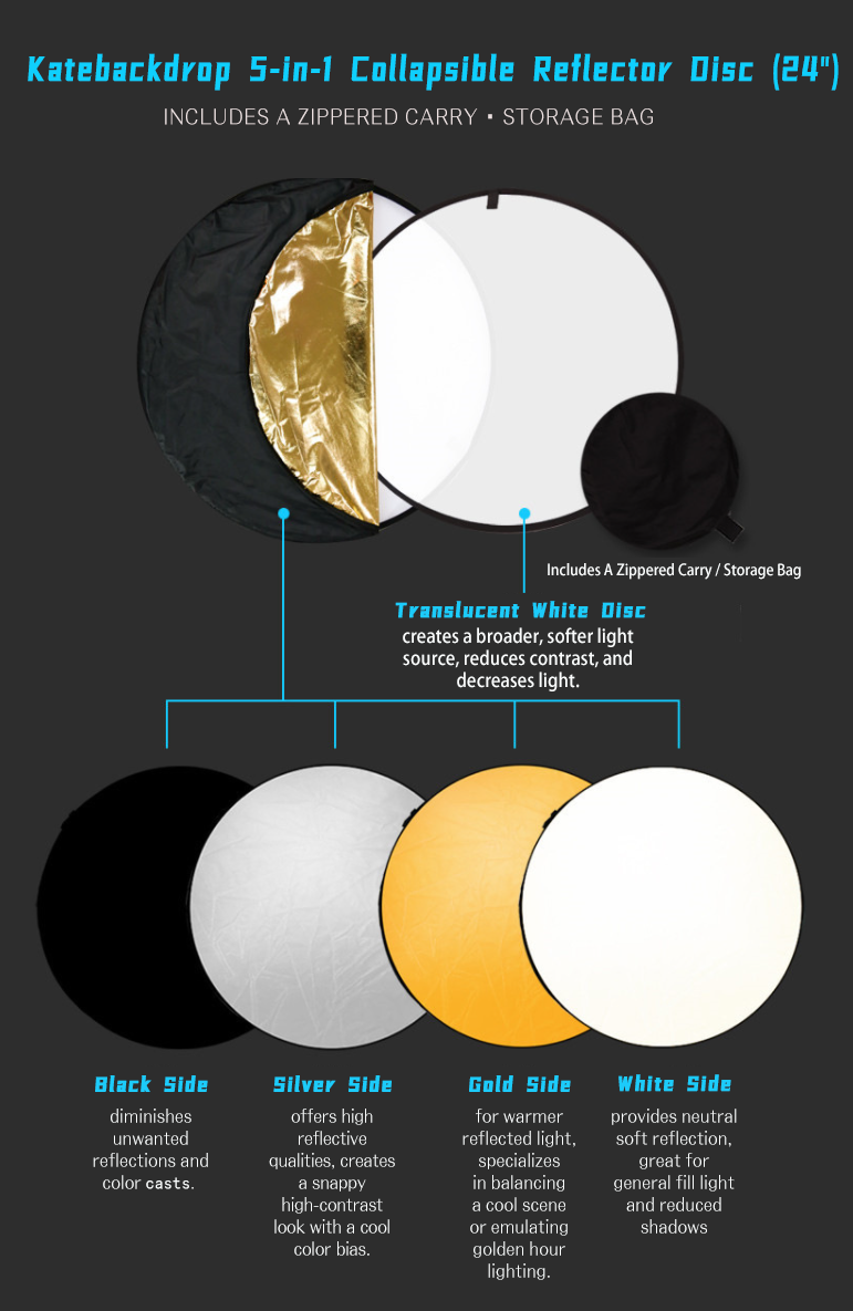 5-In-1 Round Photography Reflector For Studio Multi Photo Disc 24" 60Cm(Gold&Silver&White&Black&Soft White) - Katebackdrop