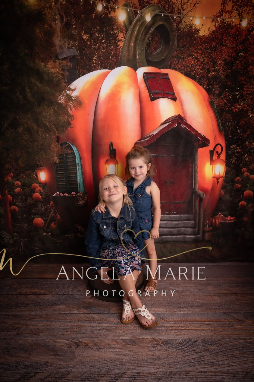 Kate Fall Pumpkin House Backdrop+ Dark Wood Barn Rubber Floor Mat - Kate Backdrop