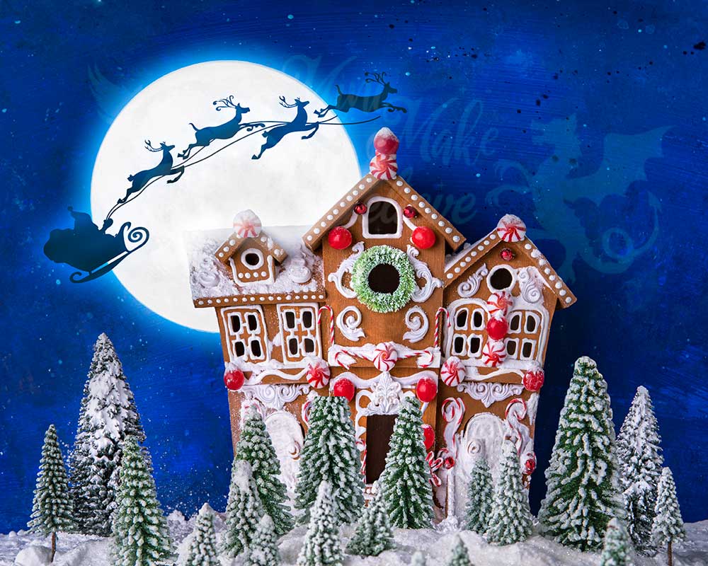 Kate Christmas Gingerbread House With Santa And Reindeers Backdrop for Photography Designed by Mini MakeBelieve - Kate Backdrop