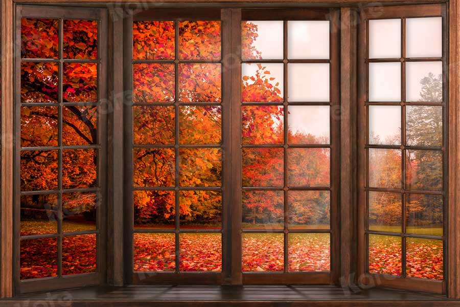 Kate Fall Fallen Leaves Backdrop Outside The Window for Photography(Clearance US only)