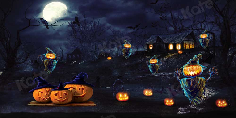 Kate Halloween Pumpkin Fall Backdrop Night Moon Designed by Chain Photography - Kate Backdrop