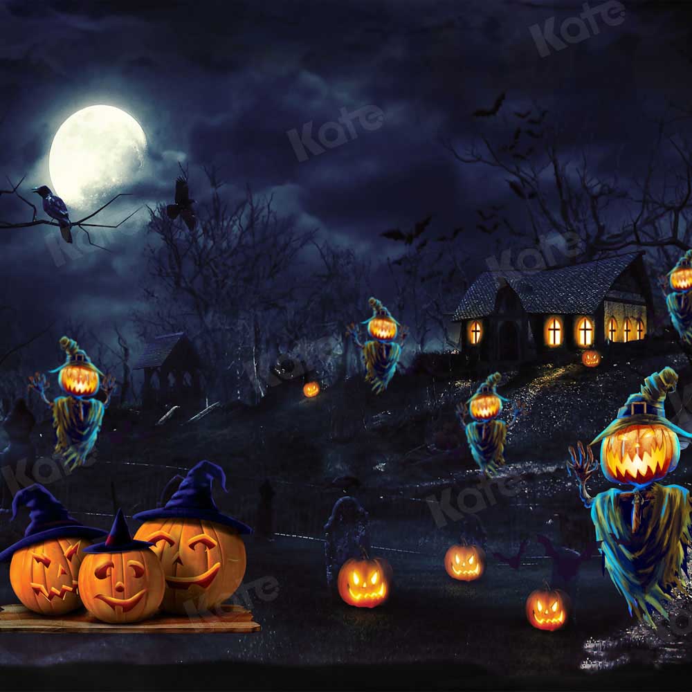Kate Halloween Pumpkin Fall Backdrop Night Moon Designed by Chain Photography - Kate Backdrop