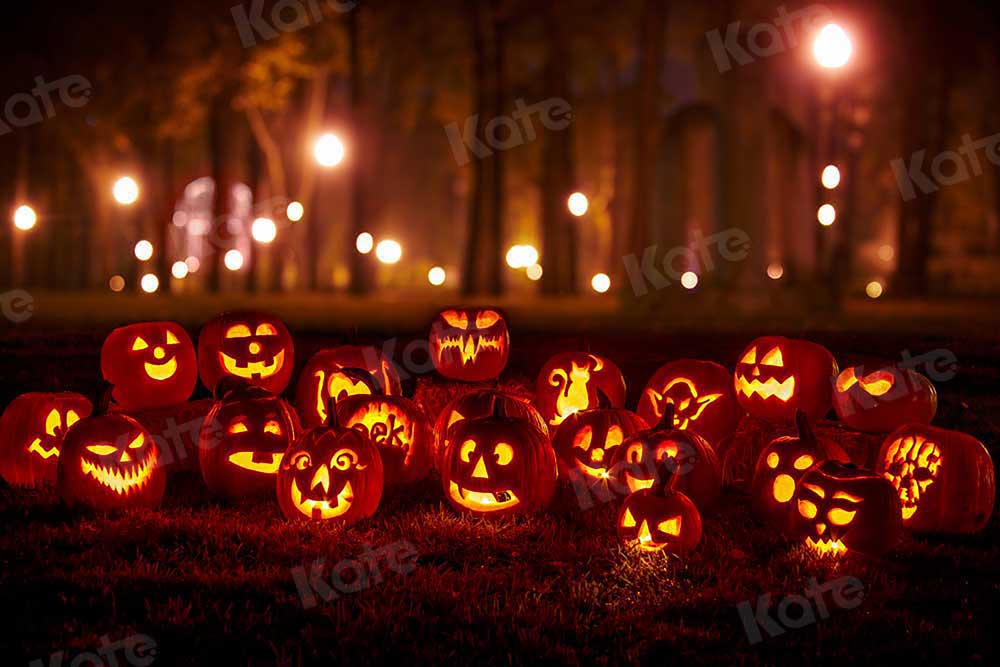 Kate Halloween Pumpkin Lights Backdrop Night for Photography - Kate Backdrop