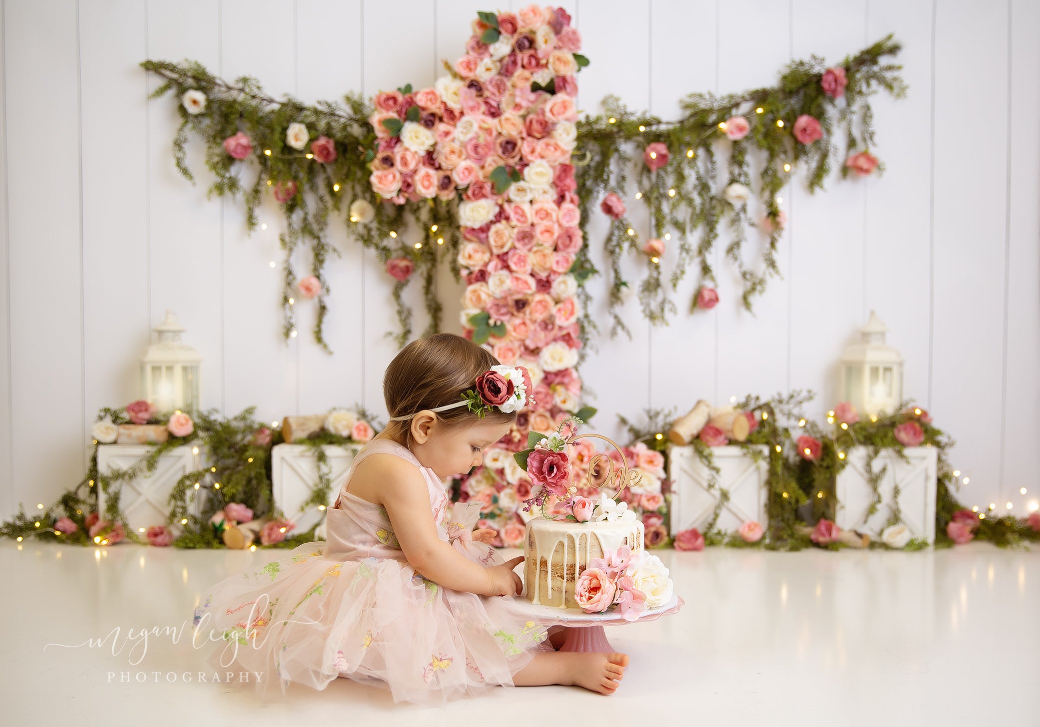Kate One Floral Garden Spring Cake Smash Printed Backdrop Designed by Megan Leigh Photography