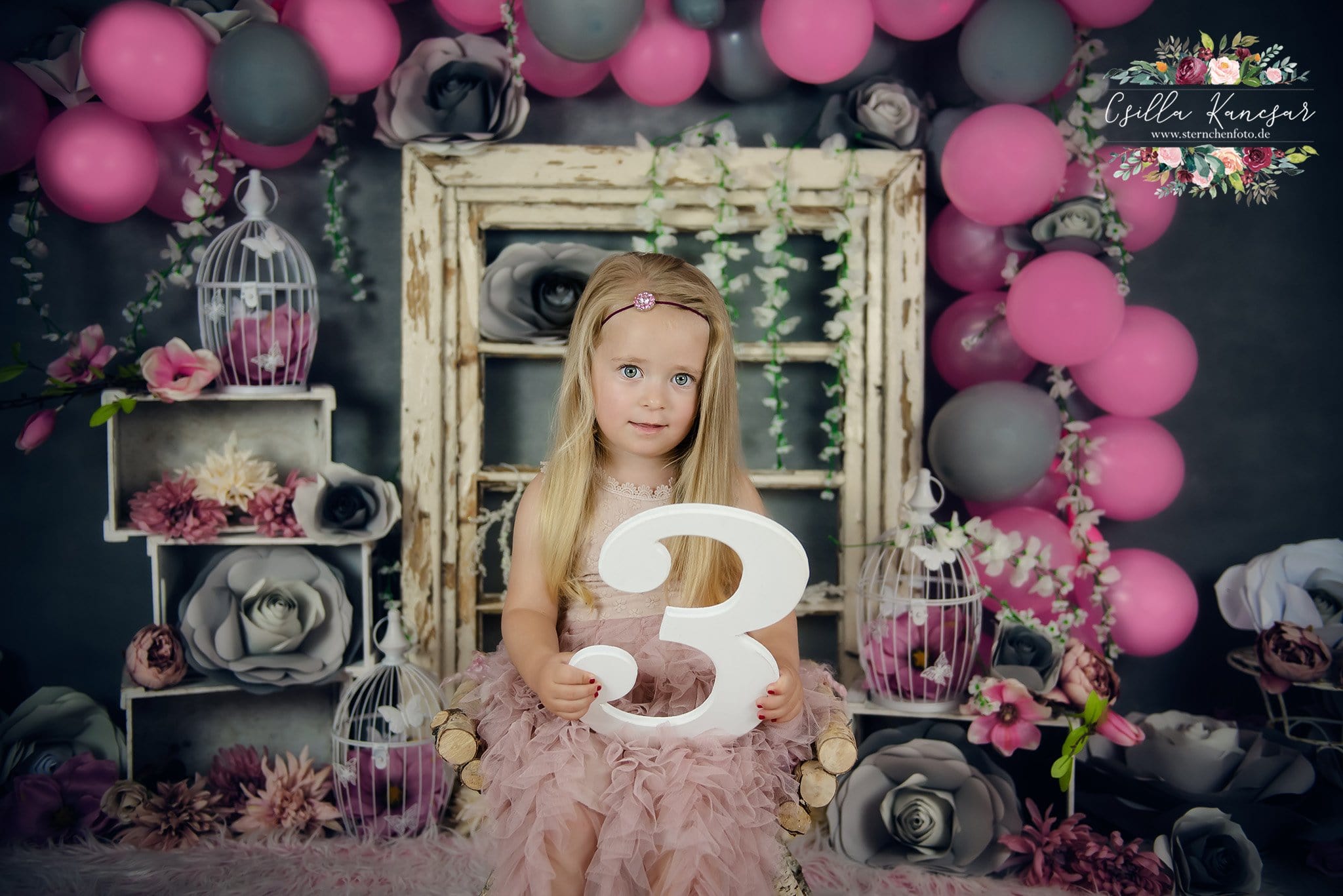 Kate Cake Smash Backdrop Gray&Pink Balloons Designed by Csilla Kancsar - Kate Backdrop