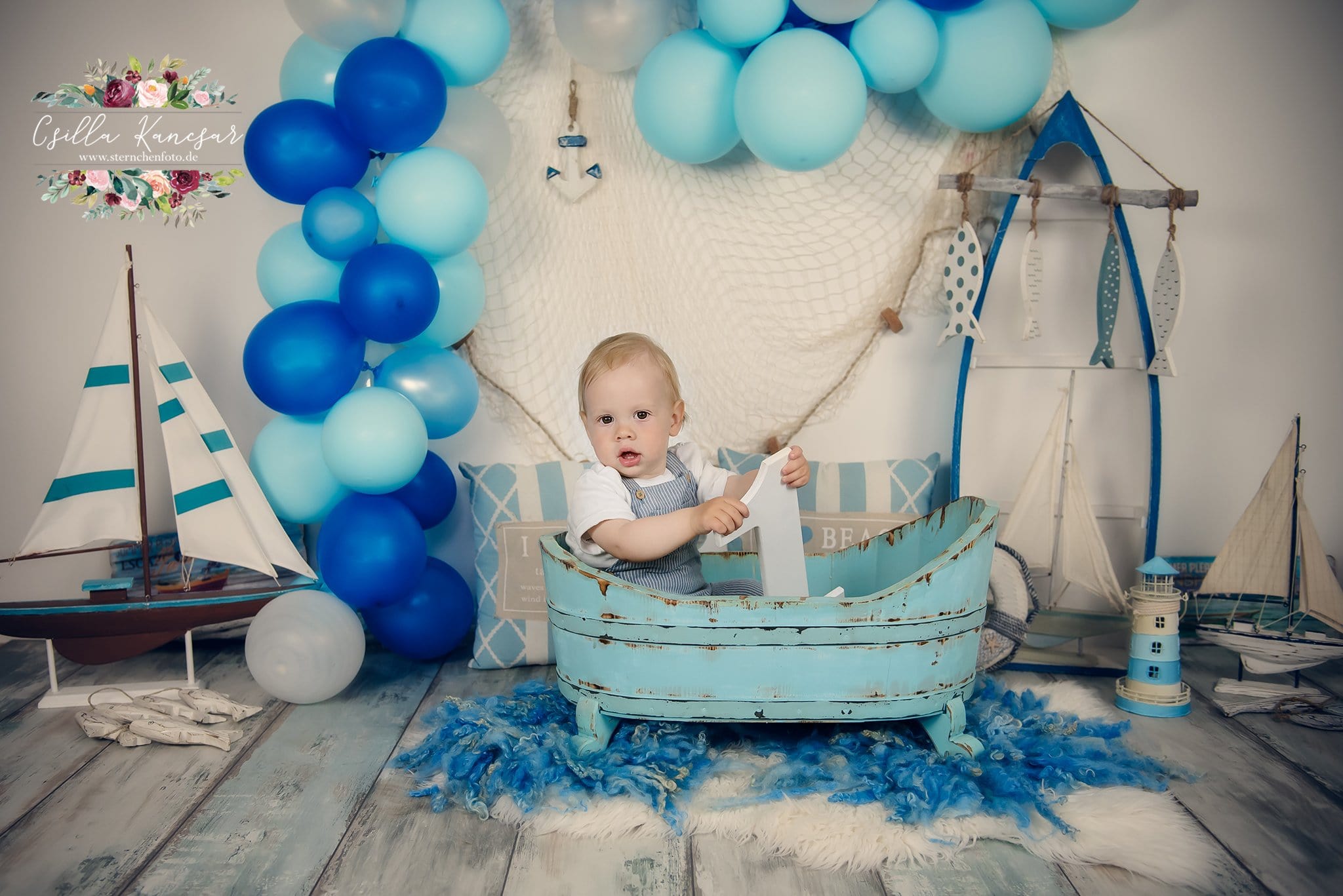 Kate Sailor Backdrop Blue Balloons Sailboat Designed by Csilla Kancsar - Kate Backdrop
