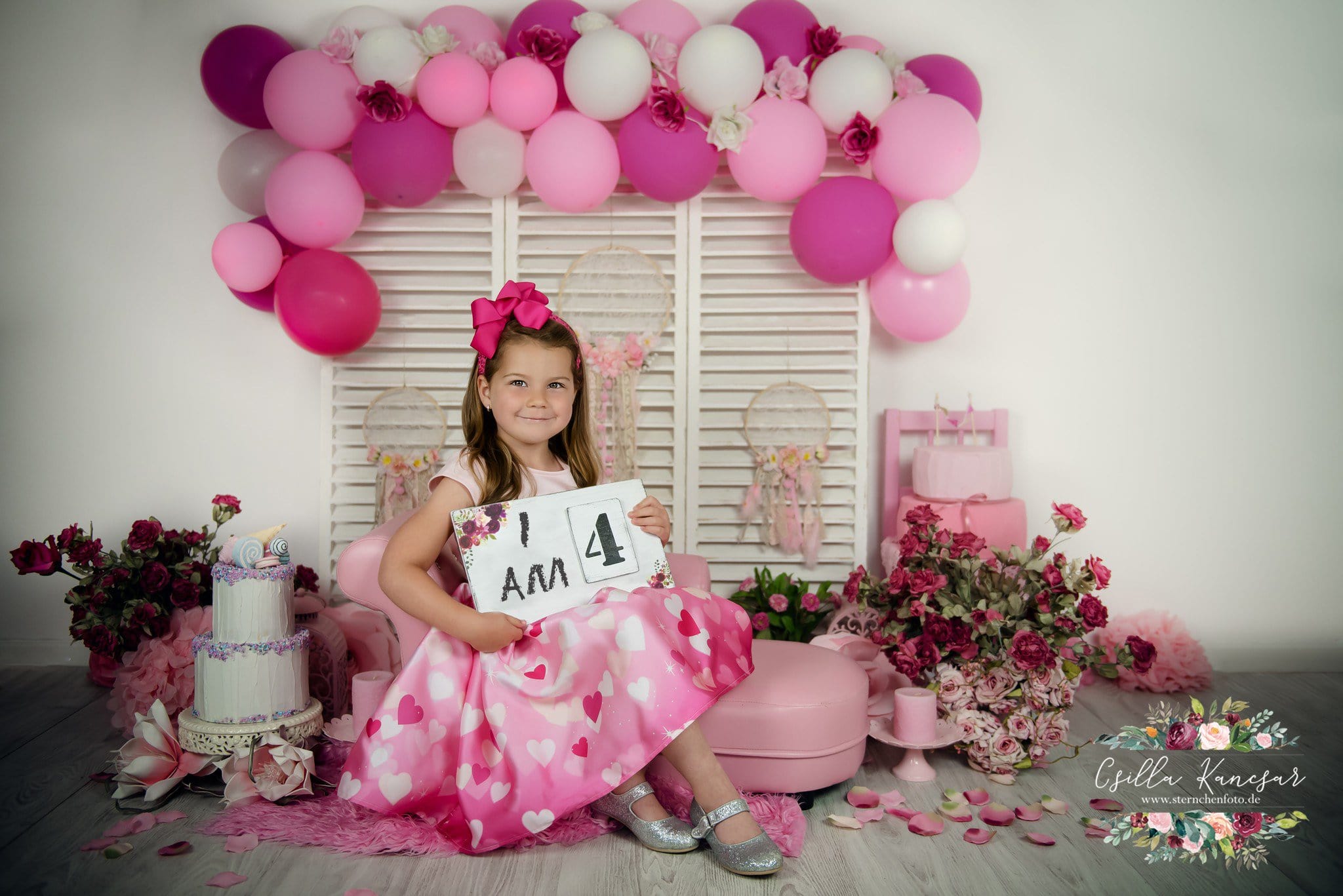 Kate Cake Smash Backdrop Pink Florals Balloons Designed by Csilla Kancsar - Kate Backdrop