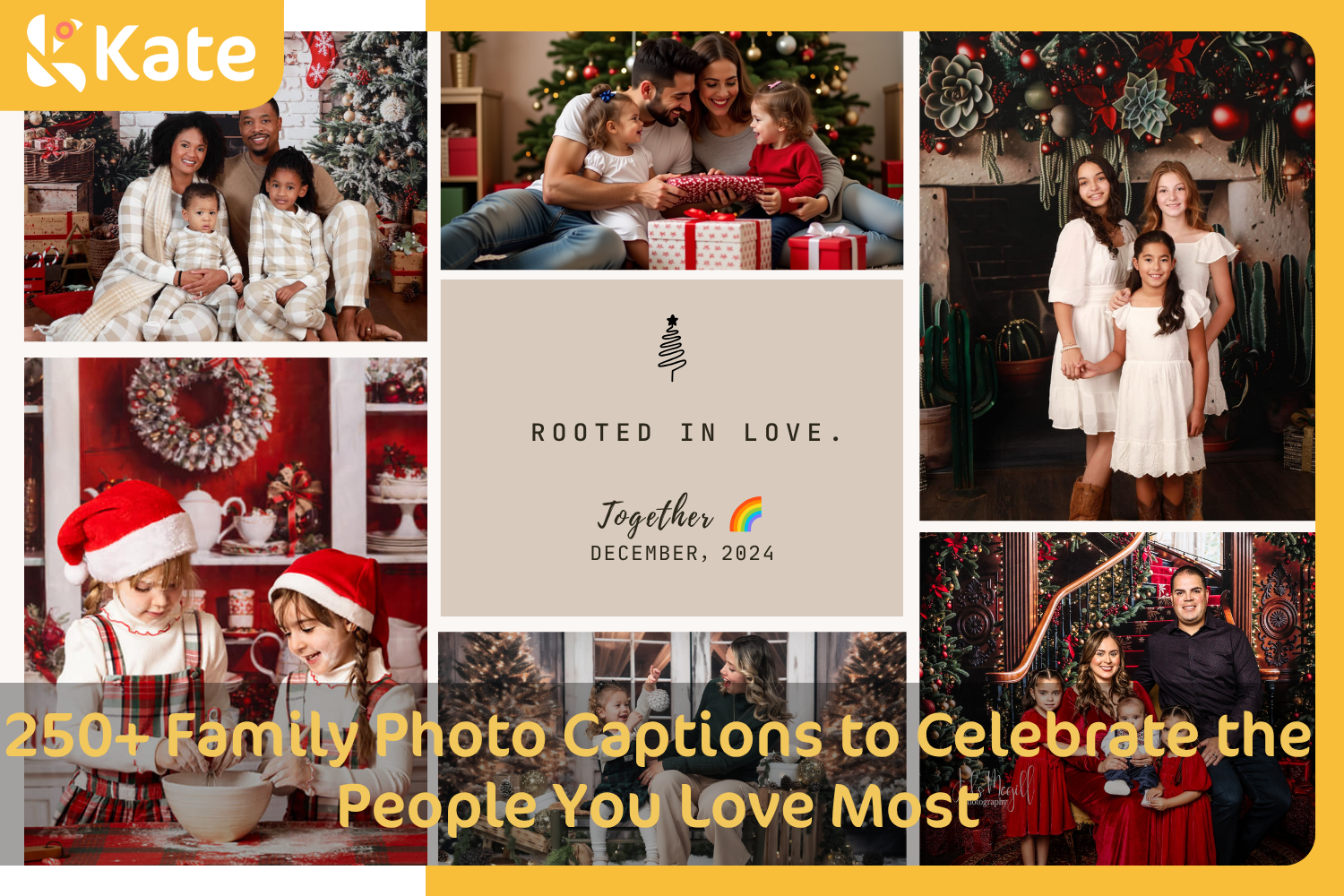 Christmas holiday themed family photo collage hero image featuring 250+ family photo captions