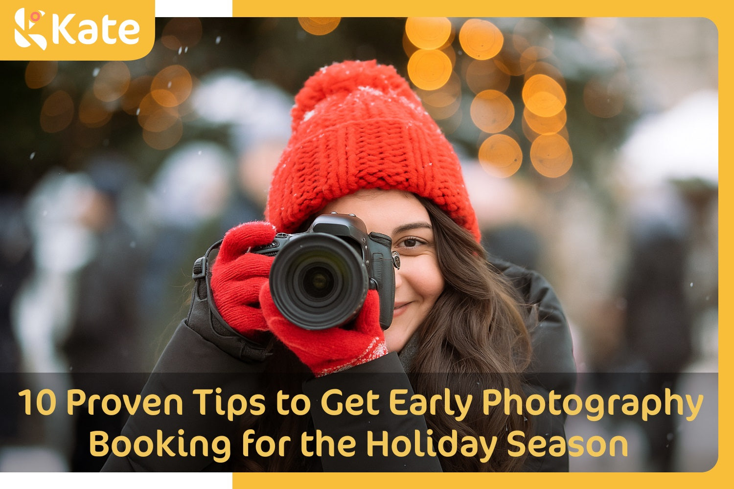 Photographer smiling while holding a camera in a winter setting