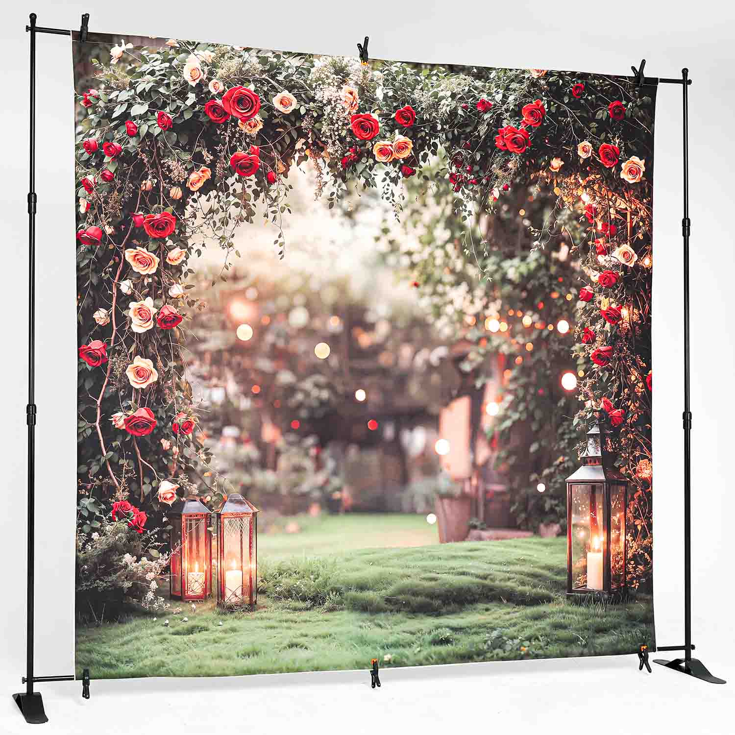 Bokeh floral arch backdrop hanging on a photography stand