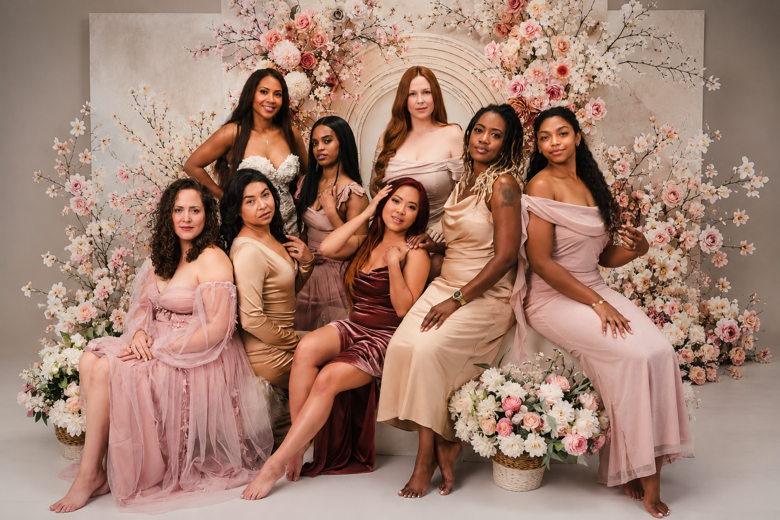 Women in blush and neutral dresses posed in a boho wedding inspired studio scene with soft floral arches and romantic pastel details.